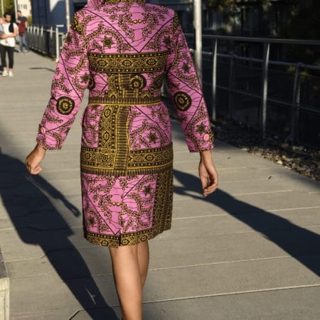 pink african print trench coat